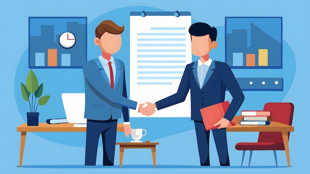 Vector executive partners sealing a deal with a handshake in a modern office setting