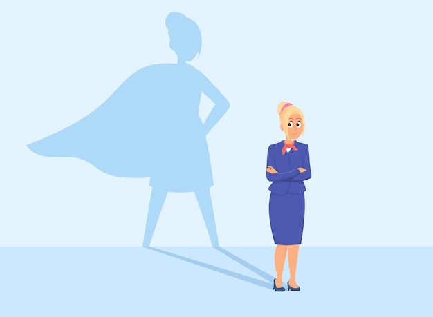 Executive woman Empowered female character with superhero shadow in cape Businesswoman or entrepreneur Strong decent vector business girl