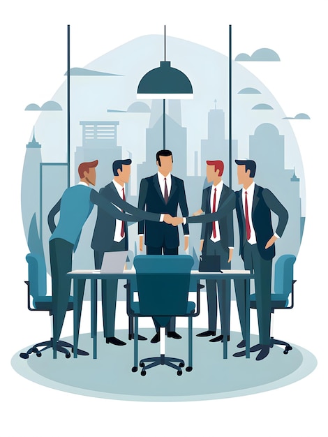 Executives Shaking Hands to Seal a Pnership Deal in a Corporate Office Vector Illustration