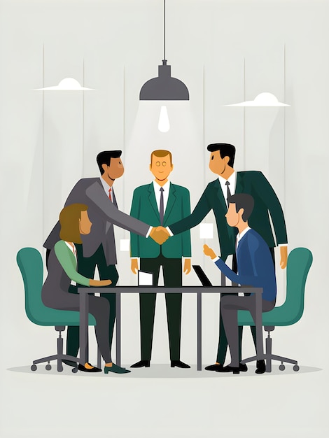 Executives Shaking Hands to Seal a Pnership Deal in a Corporate Office Vector Illustration