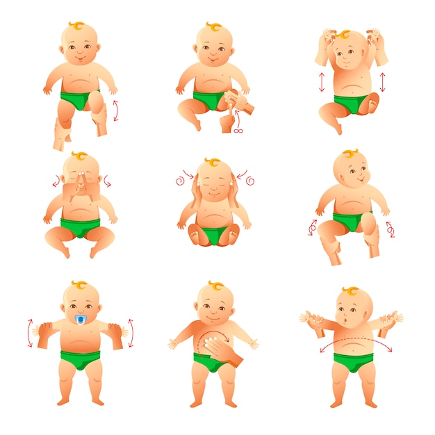 Exercise and massages for little babies illustrations set