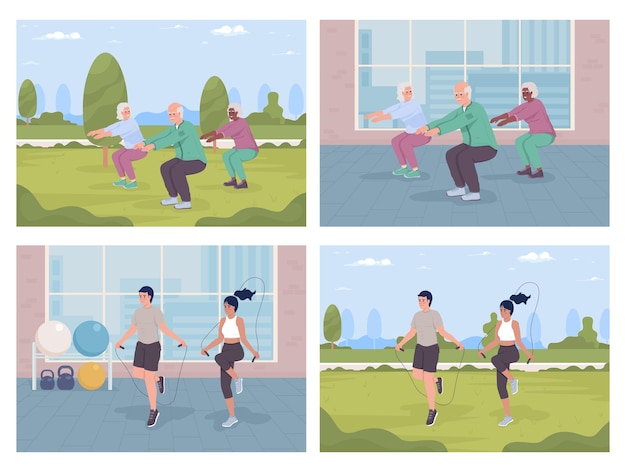 Exercising together flat color vector illustration set