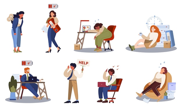 Exhausted business man and woman in the office set. Business people with lack of energy. Professional burnout or long working day concept. Vector illustration in cartoon style