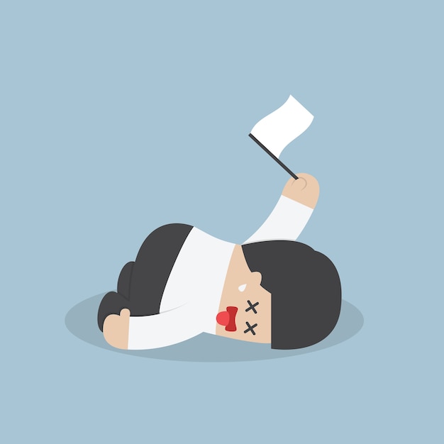 Vector exhausted businessman lying down on the floor and surrender