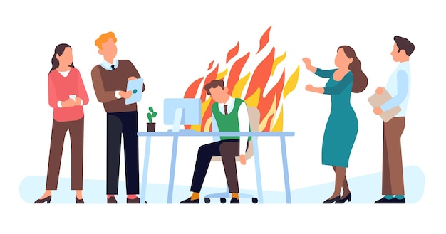 Exhausted employee Tired overworked worker burns out at work Man sitting in fire flame Emotion crisis Overloaded male at computer Office colleagues Business failure Vector concept