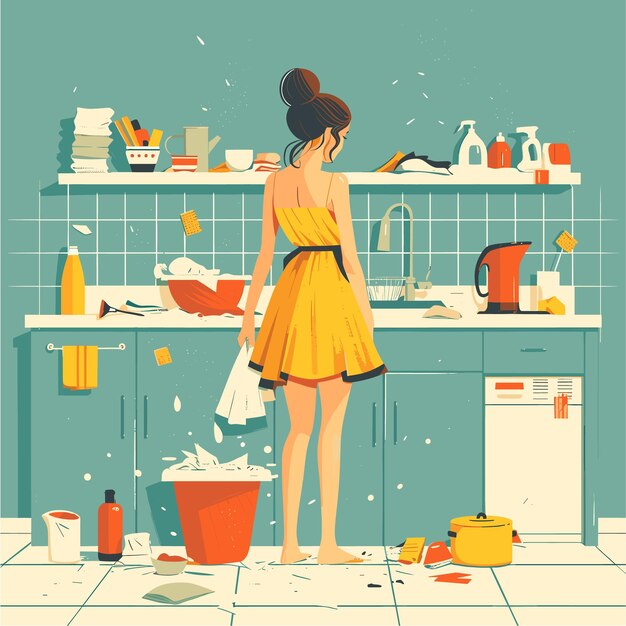 Vector exhausted housewife juggling household chores and cleaning tasks