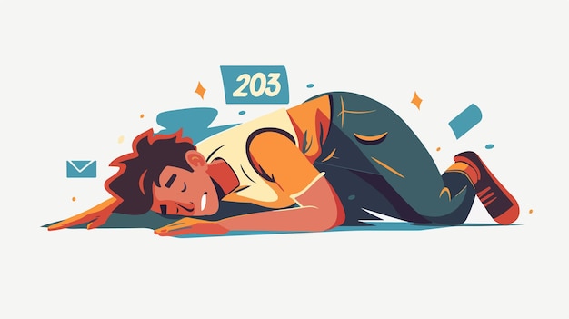 Vector exhausted man lying on 404 graphic numbers