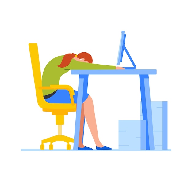 Exhausted Office Worker Professional Burnout Overwork Tiredness Fatigue and Depression Symptom Concept Tired Overload Businesswoman Sleeping on Office Desk Cartoon Vector Illustration