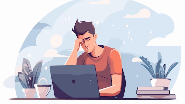 Vector exhausted professional working overtime with laptop stressful job concept