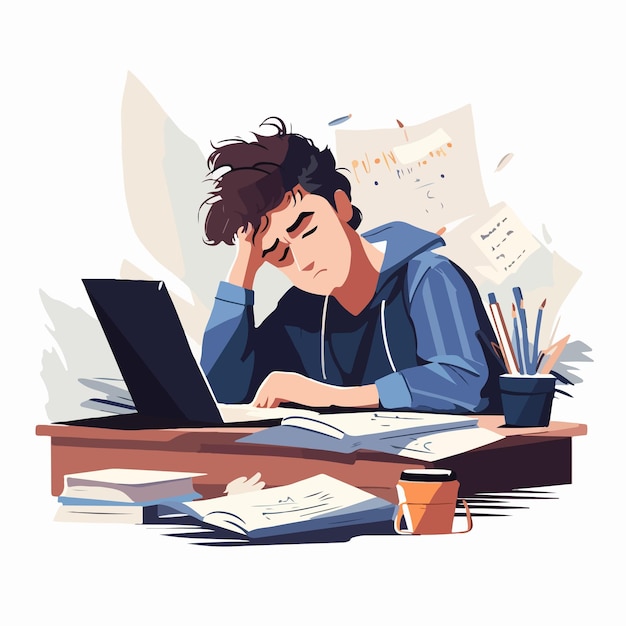 Vector exhausted student napping at desk with laptop