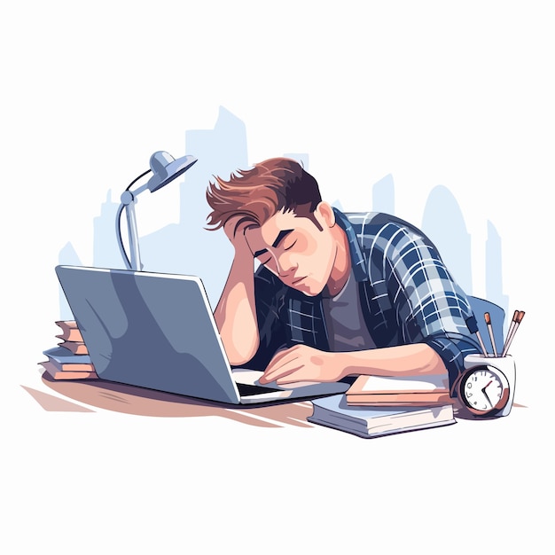 Vector exhausted student napping at desk with laptop