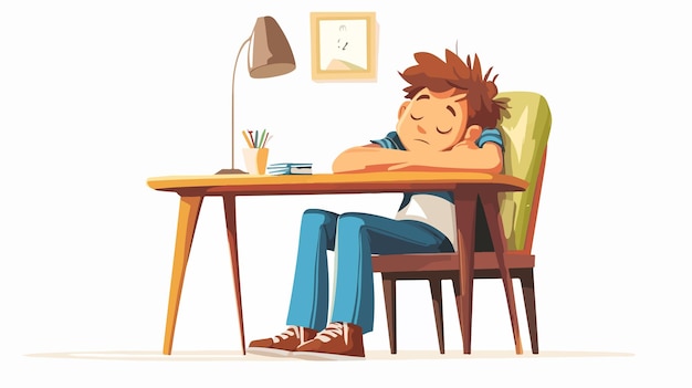 Vector exhausted teen boy napping at desk