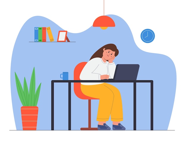 Exhausted woman sitting at table in office. Tired frustrated girl overload with work, having troubles, working on laptop flat vector illustration. Professional burnout, tiredness concept