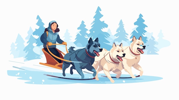 Vector exhilarating dogs running in harnesses with people in sled sleigh