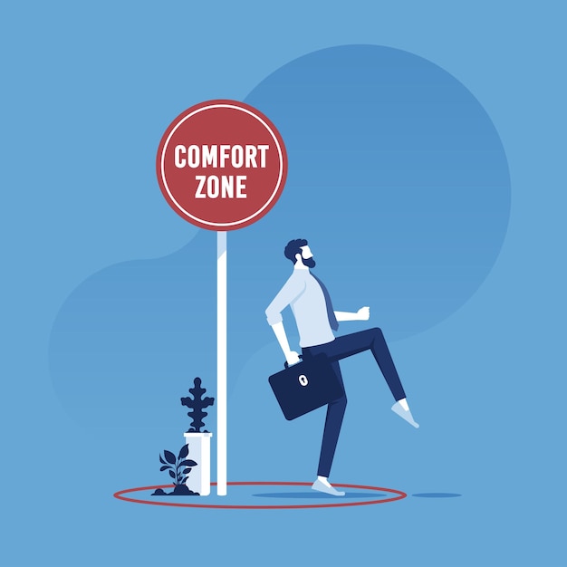 Exit from the comfort zone concept businessman carefully stepping out of a comfort zone