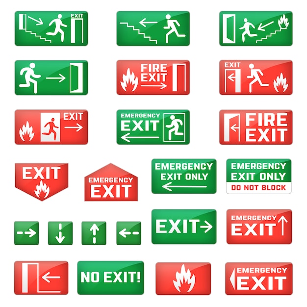 Exit vector emergency exit sign and fire escape point with green arrows for safety evacuation and exited in dander illustration set isolated on white space