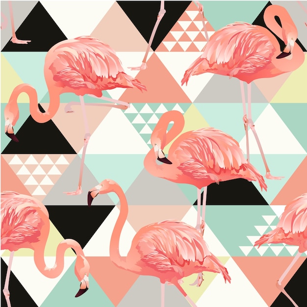 Vector exotic beach trendy seamless pattern with flamingos