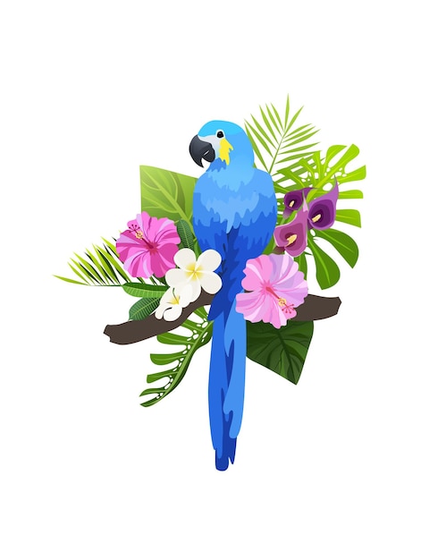 Exotic bird  illustration isolated. Colorful parrot ara in tropical foliage and flowers composition.