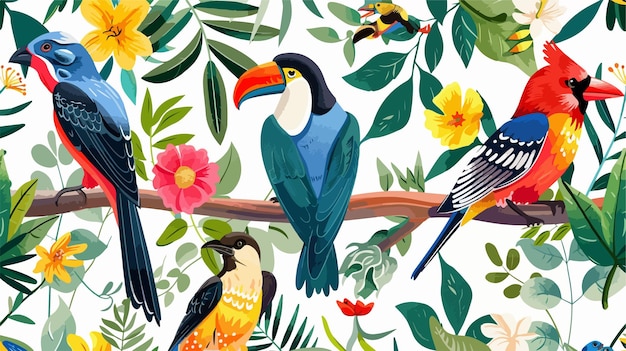 Vector exotic birds and flowers vector illustration pattern for design projects