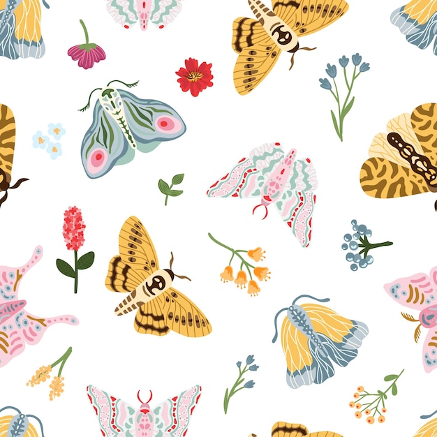 Exotic butterflies moth summer vector seamless pattern Tropical flying insects flat cartoon vector texture Hand drawn cute design for fabric print poster wallpaper