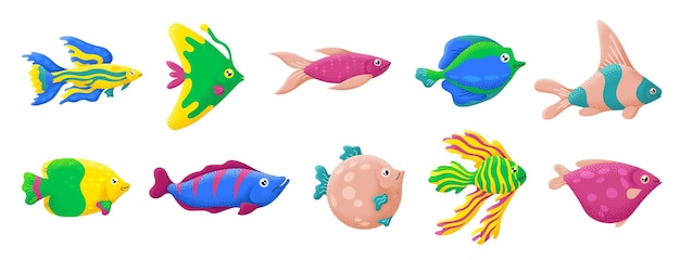 Exotic fish collection Aquarium green pet oceanic tropical sea animal Underwater wildlife characters color textured marine life swanky vector design