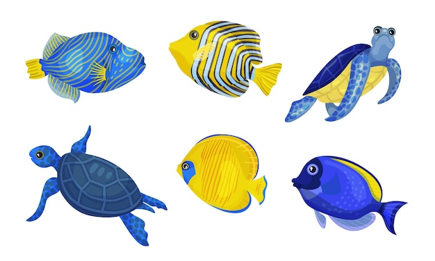 Exotic Fish and Turtles with Bright Colouring Vector Set