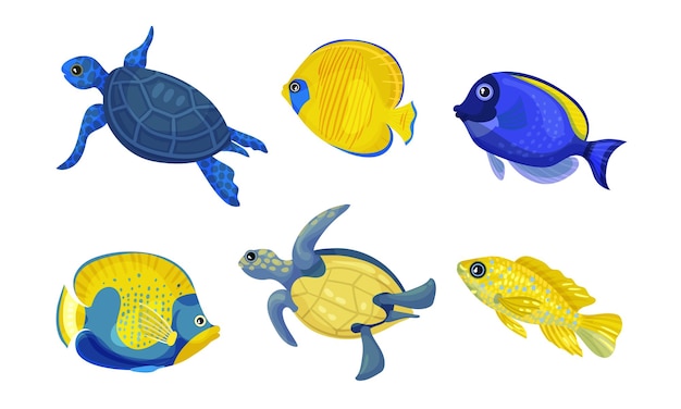 Exotic Fish and Turtles with Bright Colouring Vector Set