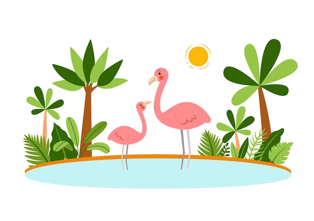 Exotic Flamingo birds standing in the water Cute cartoon  vector illustration