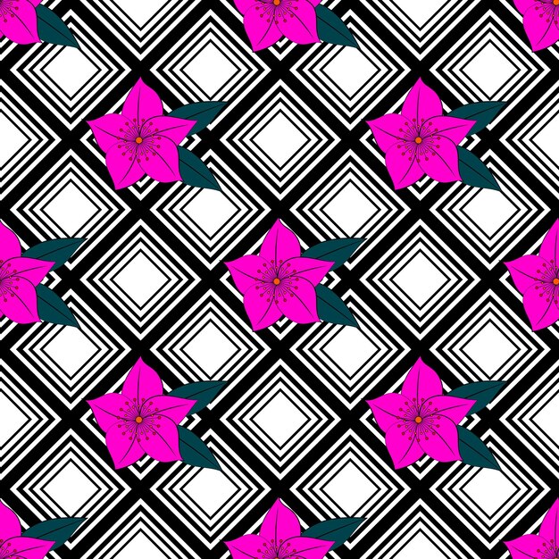 Vector exotic flowers on a geometric ornament seamless tropical pattern modern design for printing on fab