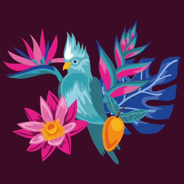 exotic flowers and leafs with bird   illustration design