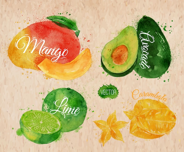 Exotic fruit watercolor mango, avocado kraft