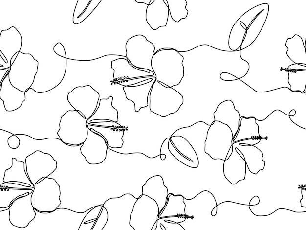 Exotic hibiscus flower in one line drawing in seamless pattern background design