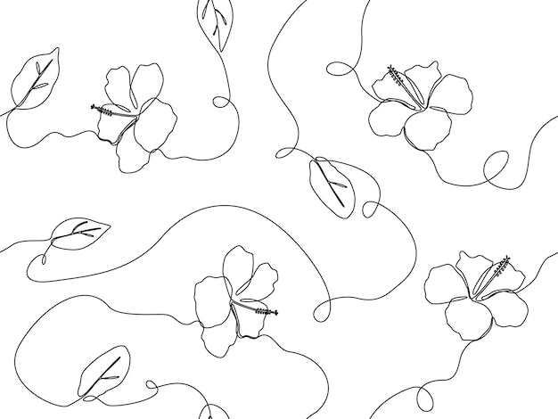 Exotic hibiscus flower in one line drawing in seamless pattern background design