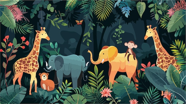 Vector exotic jungle animal wallpaper with lush tropical vegetation