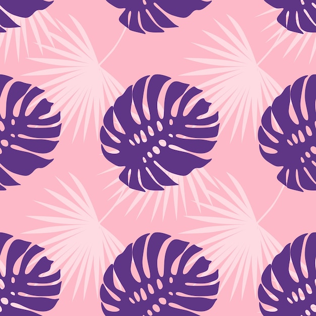 Exotic leaf on a pink background. Print summer seamless vector pattern wallpaper in trend colors.