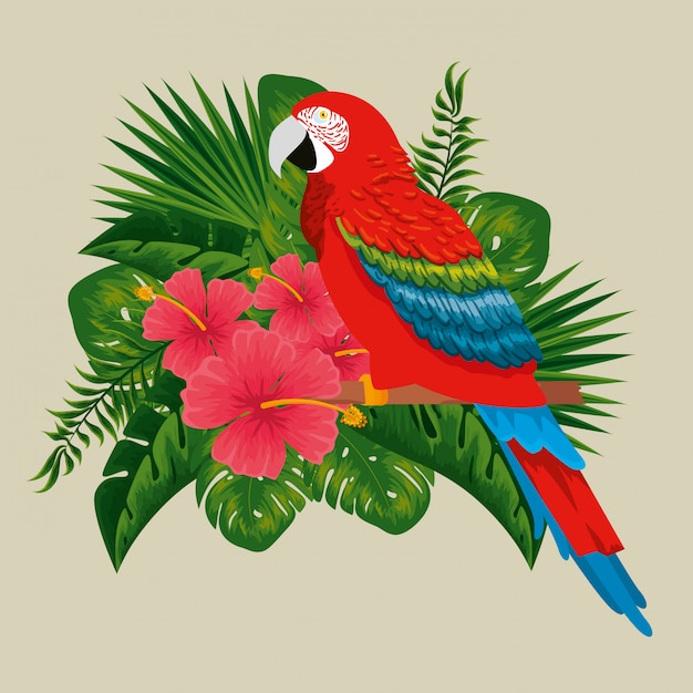 Exotic parrot with flowers plants and leaves