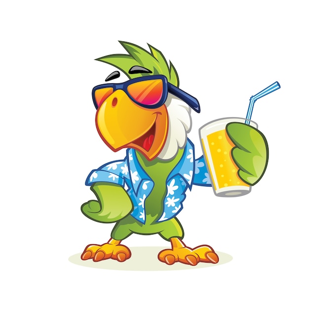 Exotic Parrot with sunglasses holding glass of juice