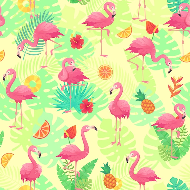 Exotic pink flamingos, tropical plants and jungle flowers monstera and palm leaves. 