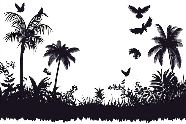 Vector exotic rainforest scene in black silhouette