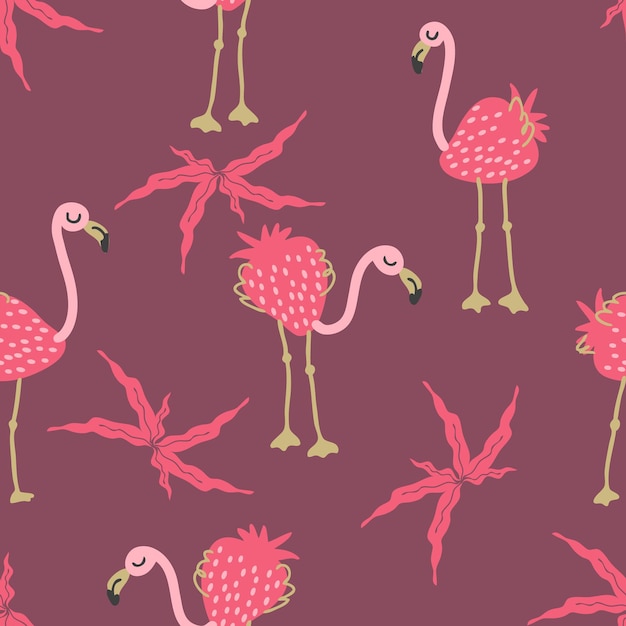 Exotic strawberry flamingo and leaves seamless pattern Perfect for Tshirt textile and print Hand drawn vector illustration for decor and design