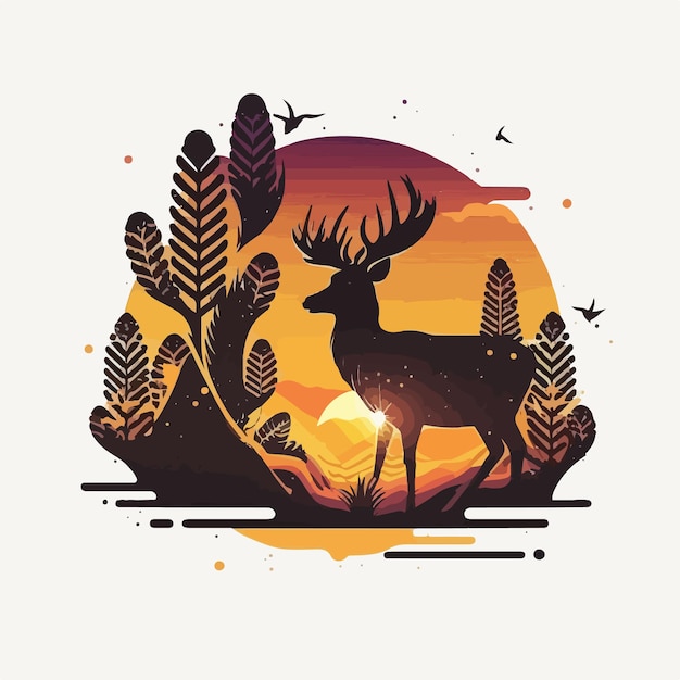 Exotic sunset deer silhouette flat logo design