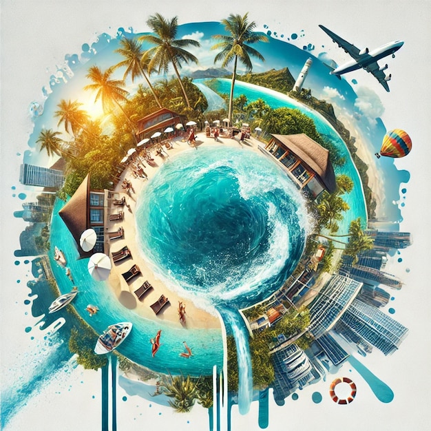 Vector exotic travel montage featuring beautiful coastal and adventure scenes