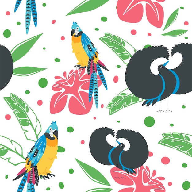 Exotic and tropical birds foliage seamless pattern