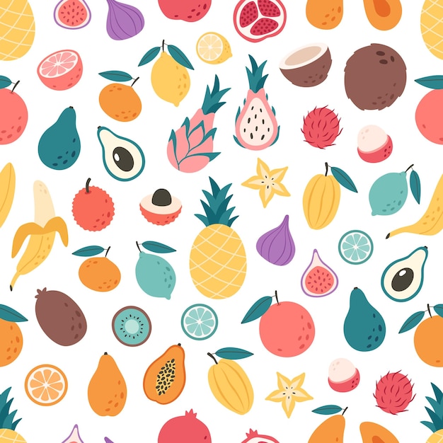 Exotic and tropical fruits seamless pattern. Flat, hand drawn texture for wallpaper, textile, fabric