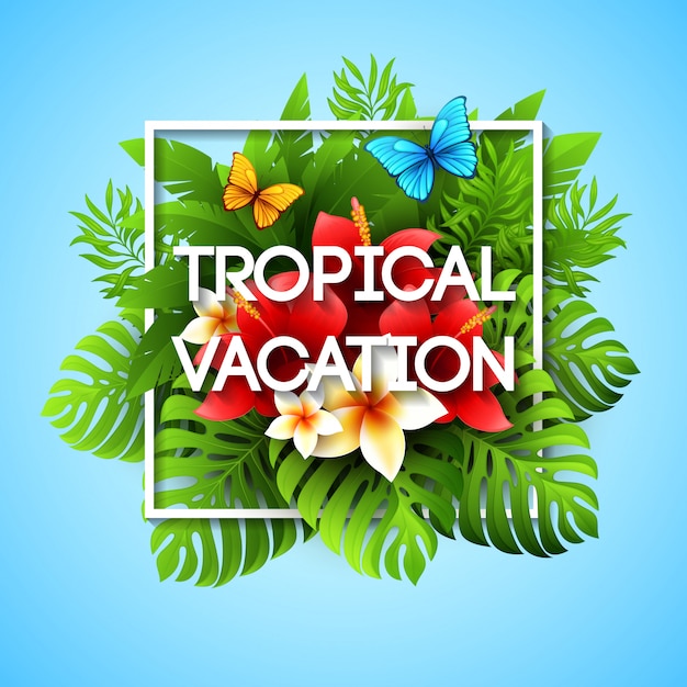 Exotic vacation. illustration with tropical plants and flowers