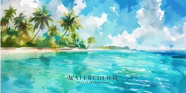 An exotic watercolor landscape of a tropical island featuring palm trees turquoise waters and a serene beach