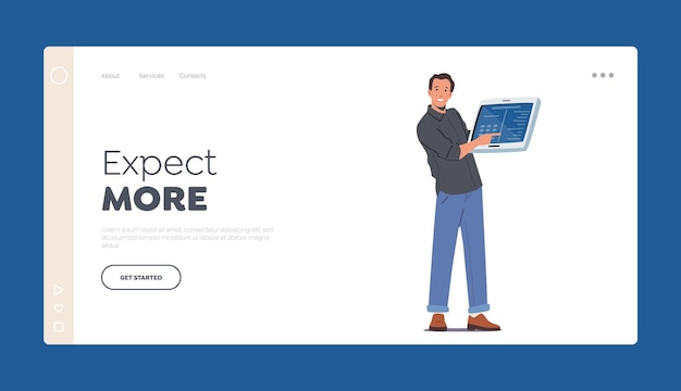 Expect More Landing Page Template Happy Man Presentation Promoter Pointing with Finger on Digital Device Screen