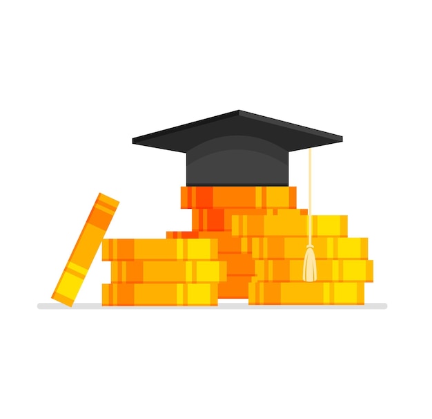 Expensive education concept Graduation hat on coins heap University or college learning fee