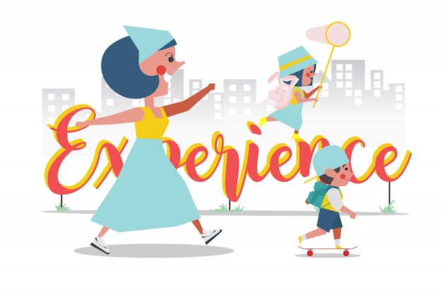 Experience Concept, Mother took her son and daughter out to play outside, Cartoon Character Design flat style