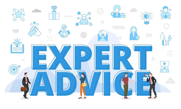 Expert advice concept with big words and people surrounded by related icon spreading with modern blue color style